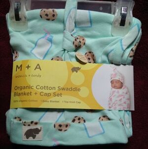 NWT M+A Organic Cotton Swaddle Blanket & Cap Set